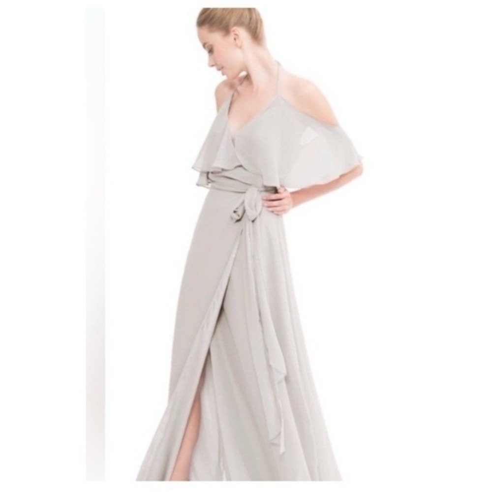 Ceremony Wrap Maxi Dress M Gray Chiffon Fairy Flutter Off Shoulder Bridesmaid